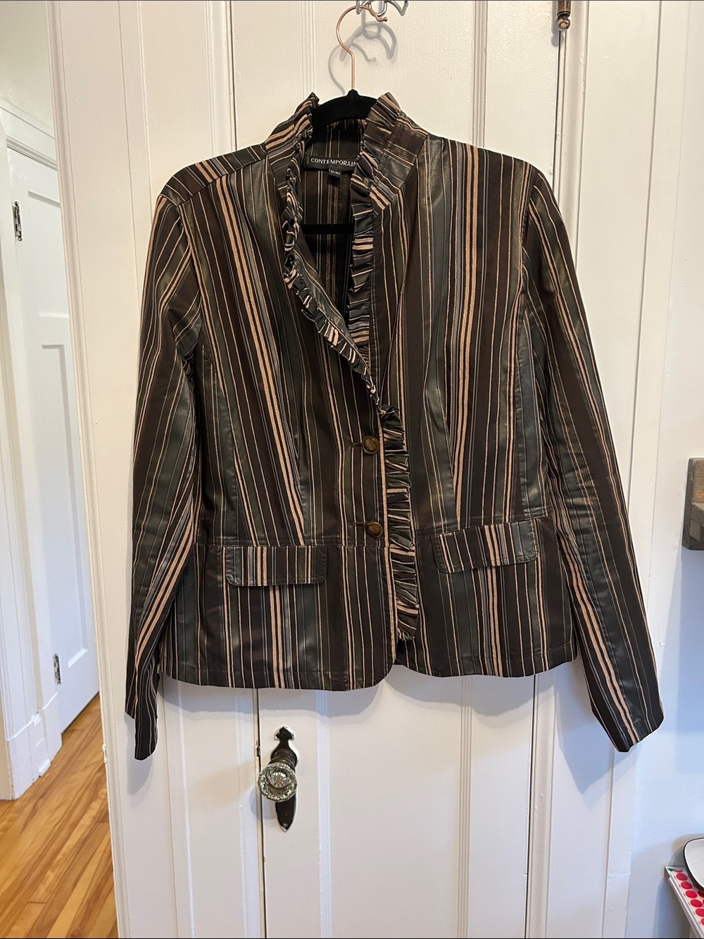 Simons Brown and Black Striped Ruffle-Collar Blazer